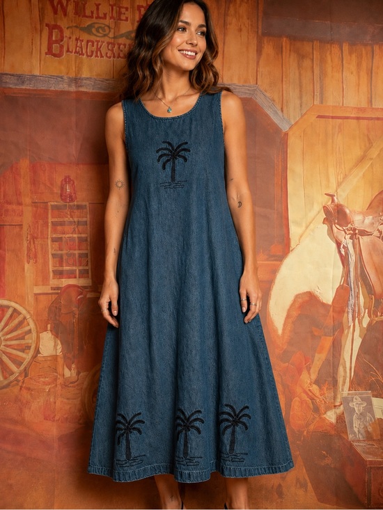 Vintage Dresses & Skirts - Vintage Denim Palm Tree Embroidered Maxi Dress | Boho Coastal
